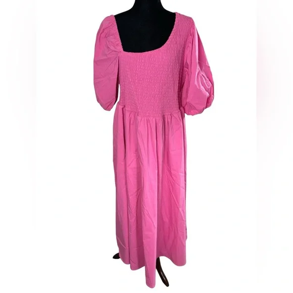 Eloquii Vibrant Barbie Pink Smocked Asymmetric Neck Maxi Dress - Picture 7 of 16